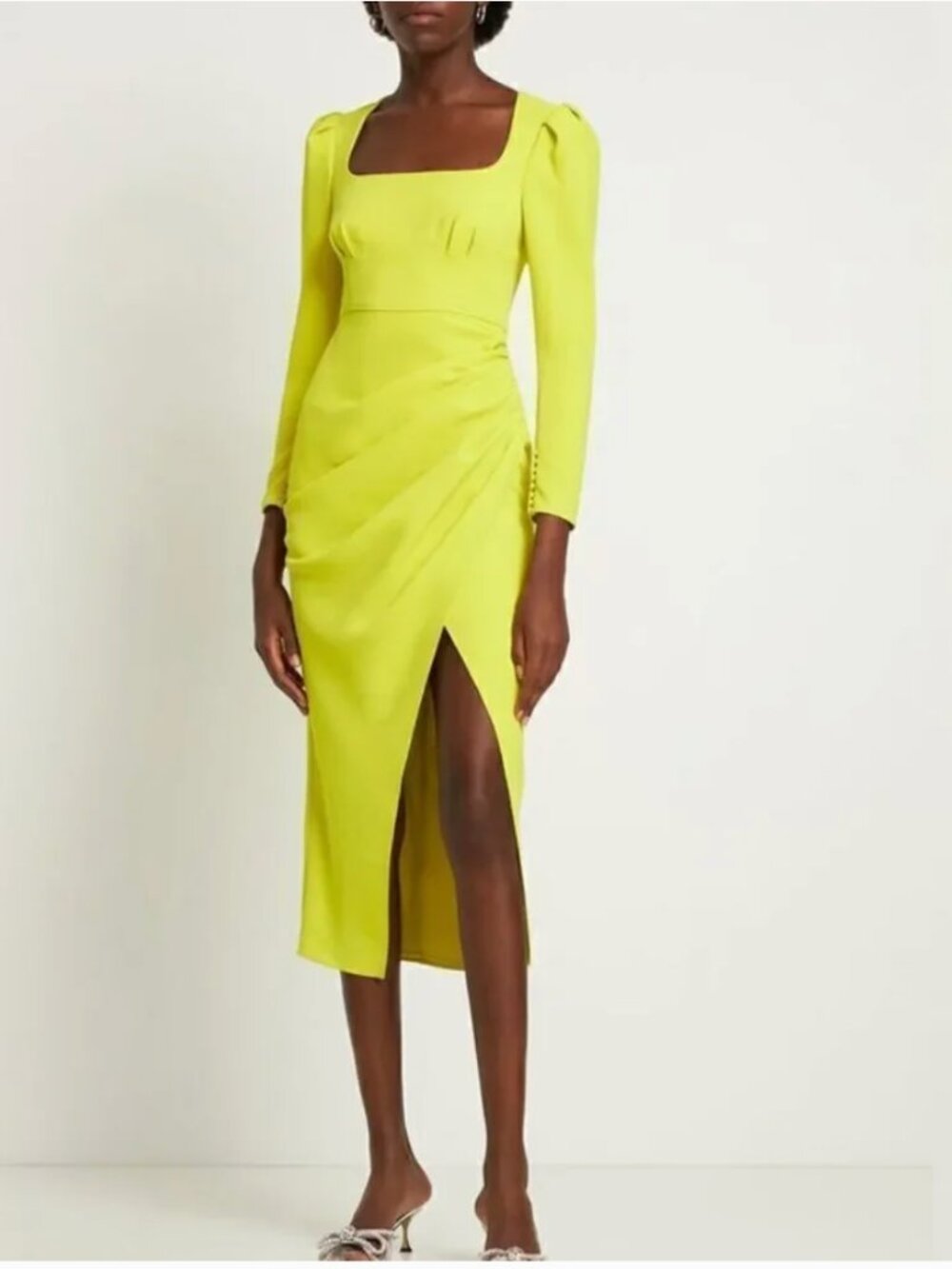 SELF PORTRAIT GREEN CREPE RUCHED MIDI DRESS